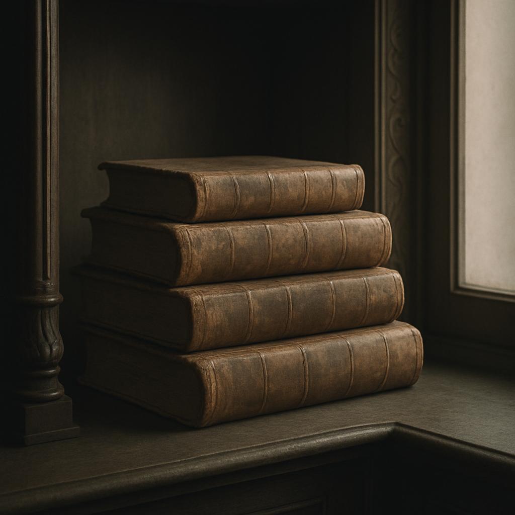 Stack of four vintage leather-bound books with four decorative emblems near top corners. A black wooden post leans just le...