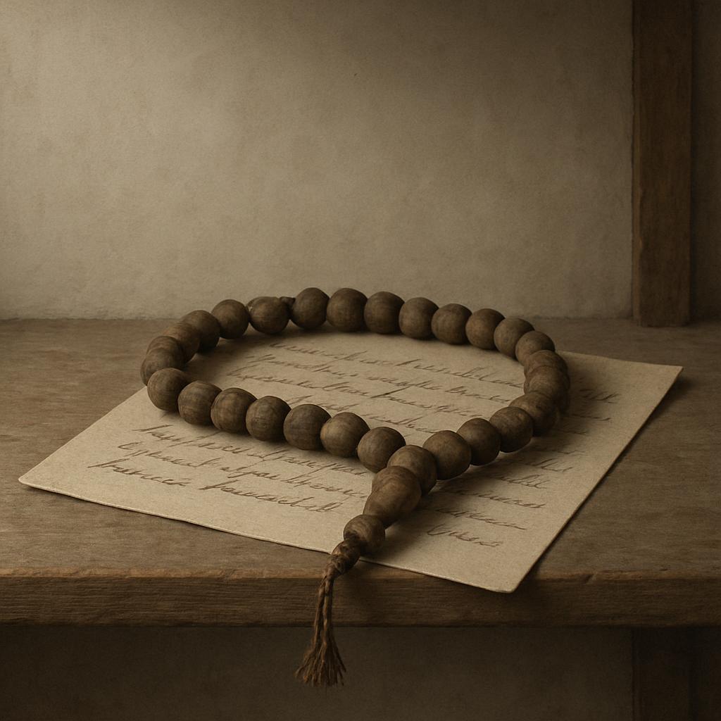 A string of wooden beads with a tassel sits on a piece of paper with handwritten text, likely on a wooden table.