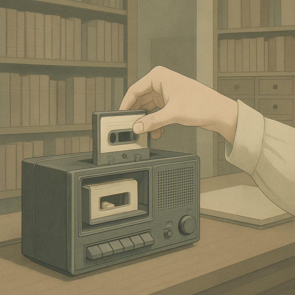 An illustration of a man's hand placing a compact cassette into an all-in-one stereo, am/fm radio, and cassette record pla...