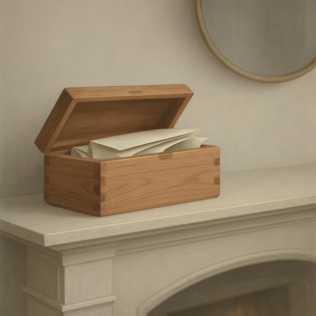 A rectangular wooden box with an open lid sits atop a white fireplace mantel. The box contains crumpled paper and rests ag...