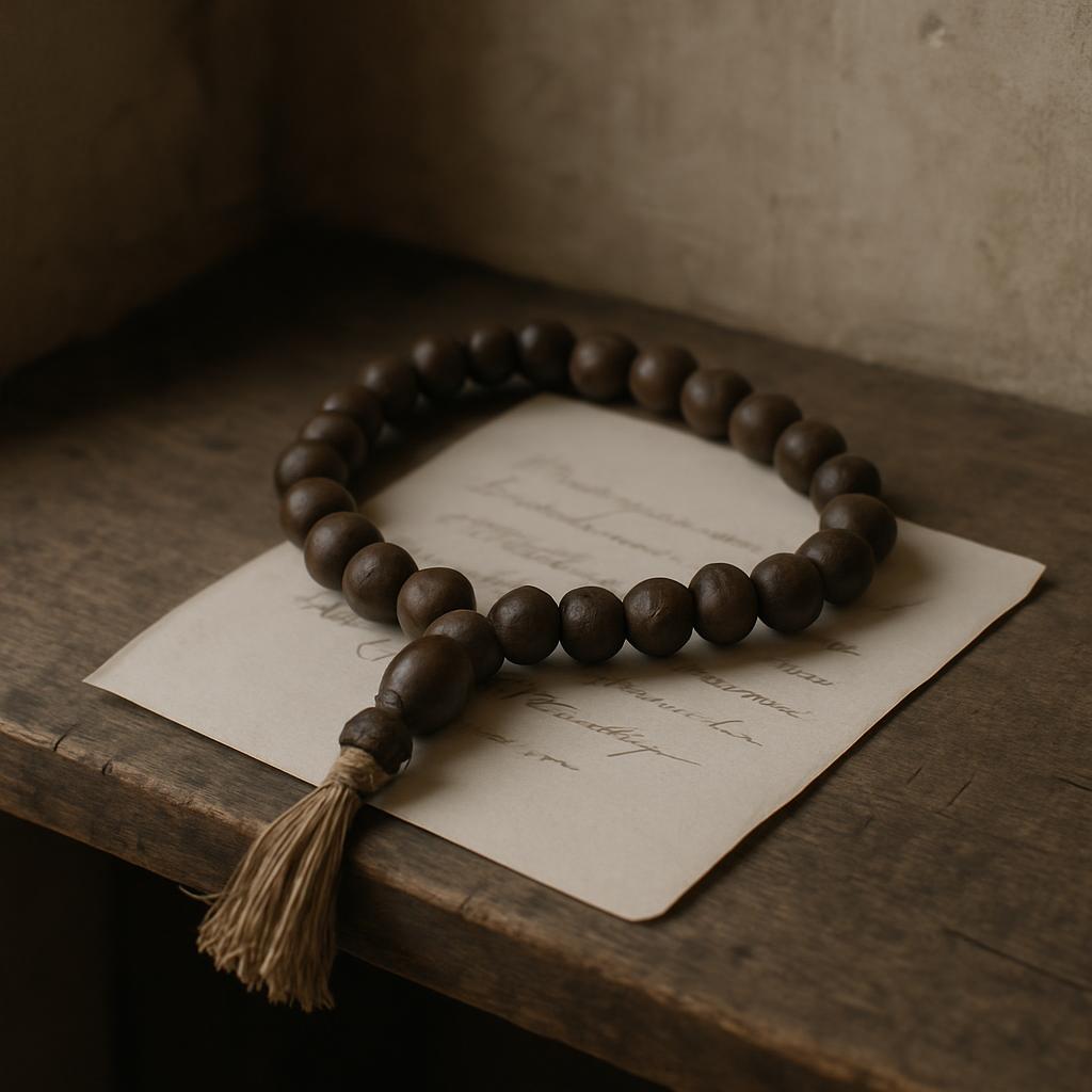 a dark brown string of wooden beads lay on top of a piece of paper with handwritten words.