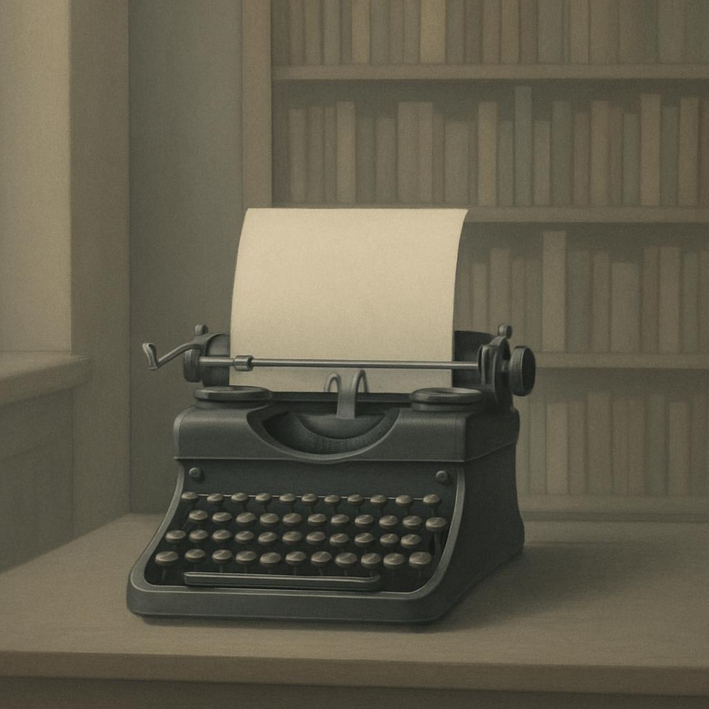 An illustration of an antique typewriter on a desk in front of bookshelves.
