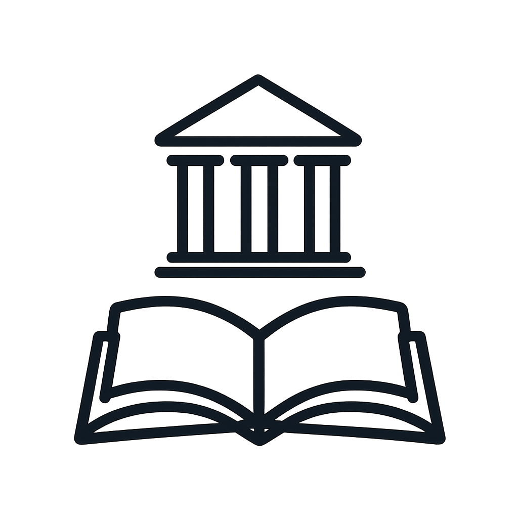 A simple icon featuring a symbol of a building, typical of a library, atop an open, two-page book. The background is black...